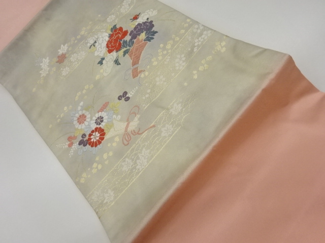 リサイクル　引箔変わり横段に花束・波・色紙散らし模様織出し名古屋帯